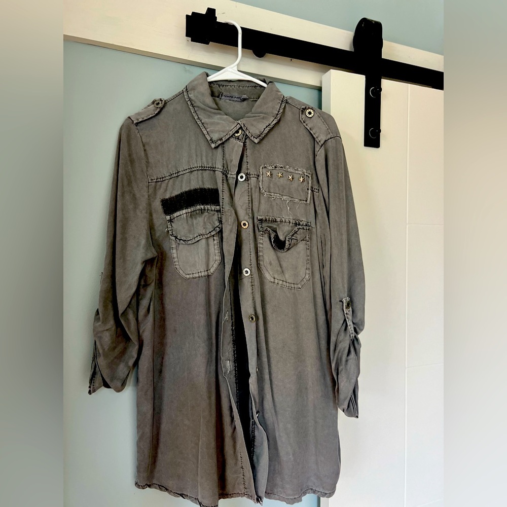Button down- Biker/ urban/ street. Grey with distress, metal stars, ragged edge